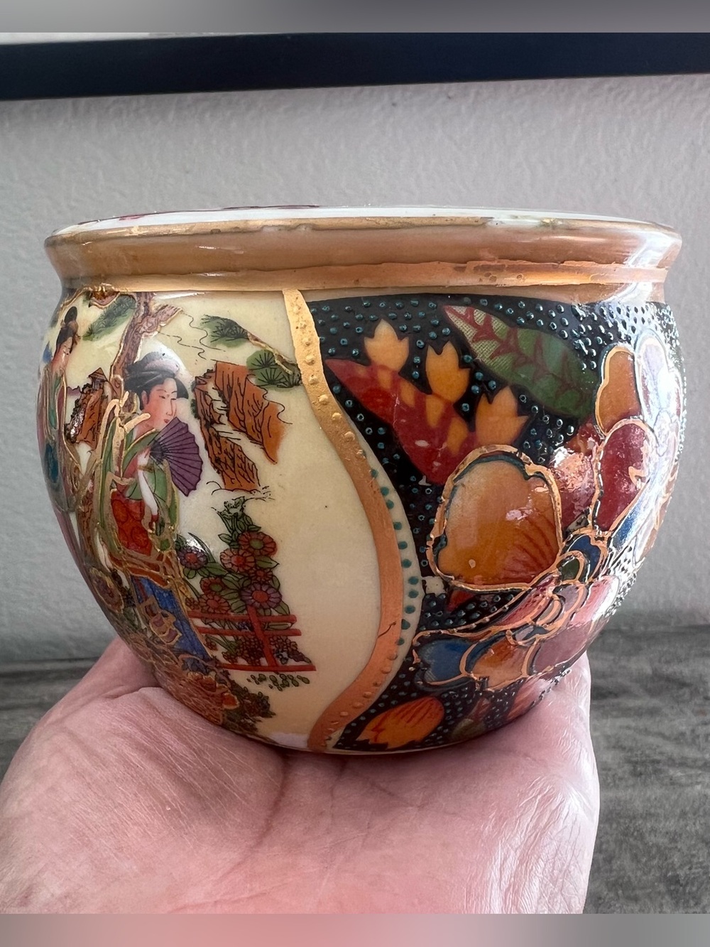 Vintage Satsuma Style Porcelain Mini Planter Hand-Painted Geisha Floral Motif
